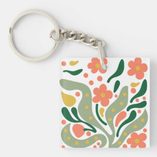 Porte-clefs Fleurs Abstraites Modernes Vertes et Orange