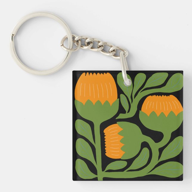 Porte-clefs Fleurs Abstraites Modernes Vertes et Orange (Devant)