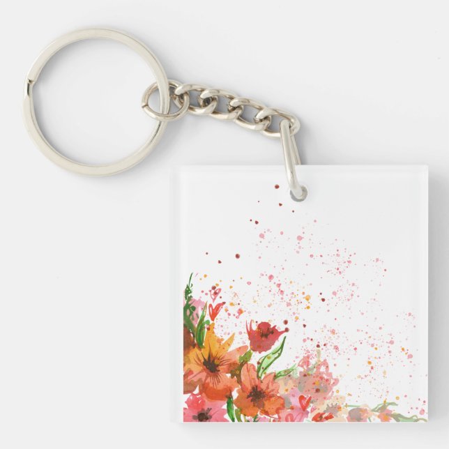 Porte-clefs Fleurs Abstraites Modernes Vertes et Orange (Devant)