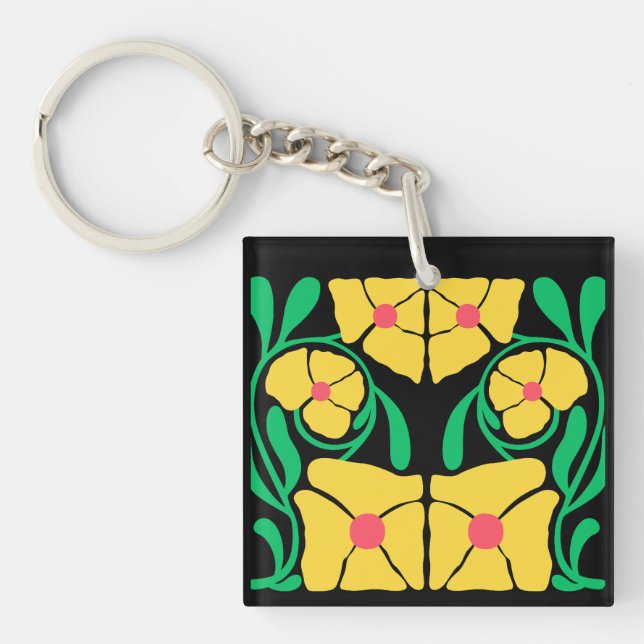 Porte-clefs Fleurs Abstraites Modernes Vertes et Orange (Devant)