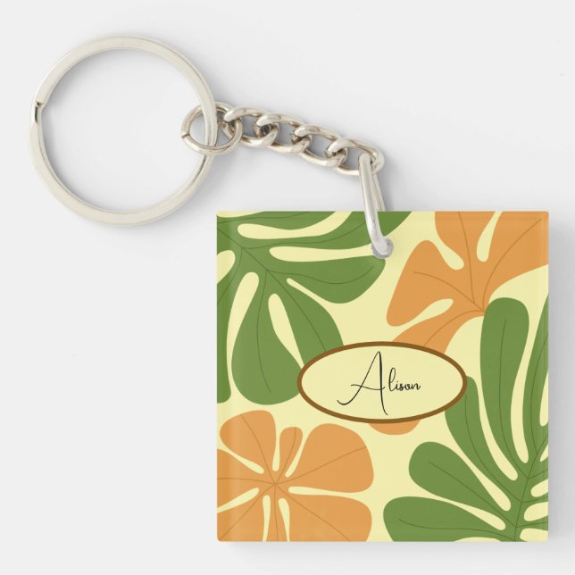 Porte-clefs Fleurs Abstraites Modernes Vertes et Orange (Devant)