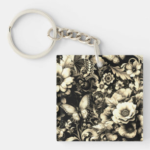 Porte-clefs Fleurs Antiques Dorées avec Papillons