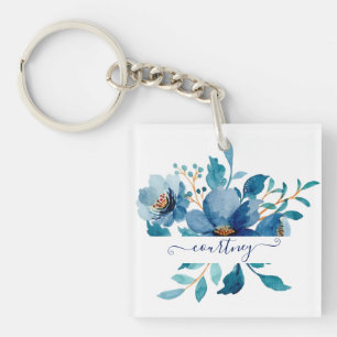 Porte-clefs Fleurs aquarelles bleu vif personnalisées  