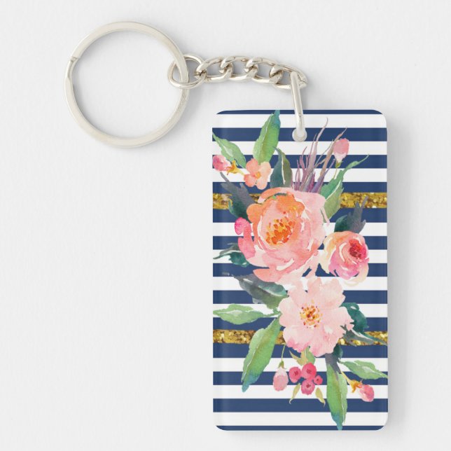 Porte-clefs Fleurs aquarelles girly modernes chic -Rayures (Devant)
