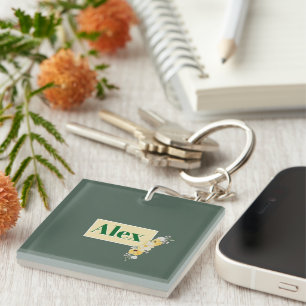 Porte-clefs Fleurs aquarelles modernes et fond vert