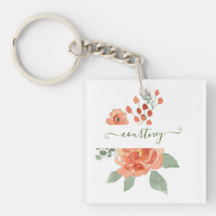 Porte-clefs Fleurs aquarelles orange personnalisées
