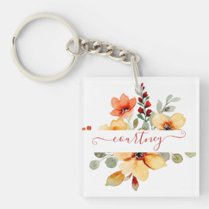 Porte-clefs Fleurs aquarelles orange vif personnalisées  