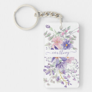 Porte-clefs Fleurs aquarelles rose et violet personnalisées 