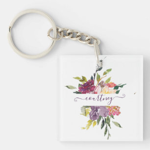 Porte-clefs Fleurs aquarelles rouges et violettes personnalisé