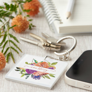 Porte-clefs Fleurs aquarelles violettes et orange personnalisé