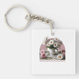 Porte-clefs Fleurs blanches et roses