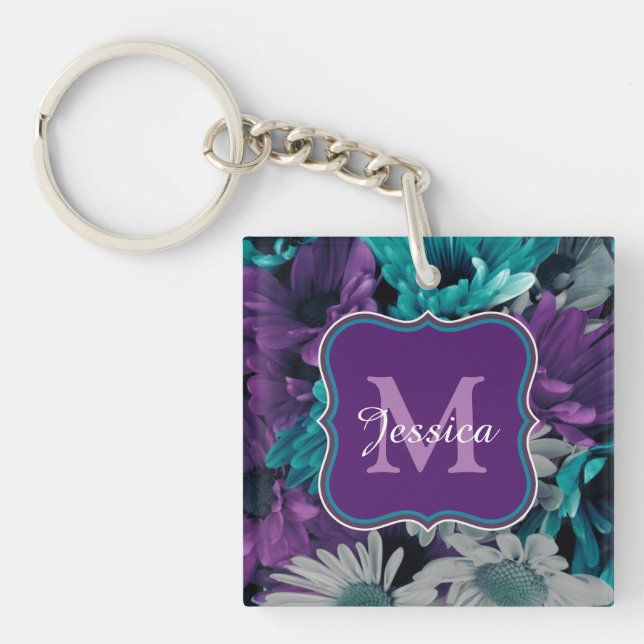 Porte-clefs Fleurs bleu clair et violet Personnalisées (Devant)
