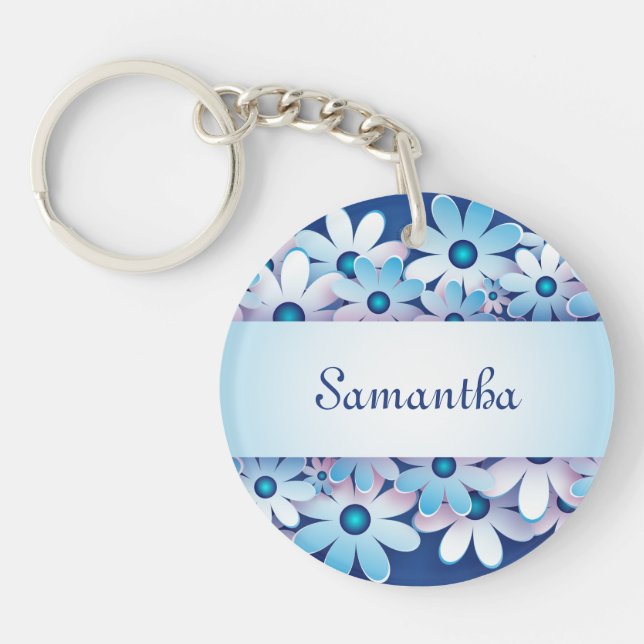 Porte-clefs Fleurs Bleues & Blances Ajouter Votre Nom (Devant)