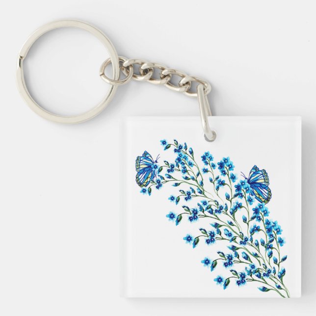Porte-clefs Fleurs bleues délicates avec papillon (Devant)