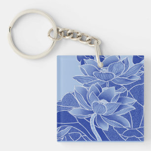 Porte-clefs Fleurs Bleues Élégantes Lotus Lily Chinoiserie Chi