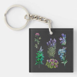 Porte-clefs Fleurs bleues et violettes en aquarelles