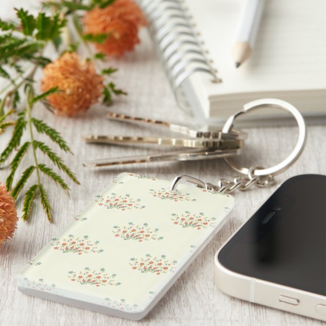 Porte-clefs Fleurs Bleues, Fleurs Rouges, Motif De Fleurs (Devant droit)