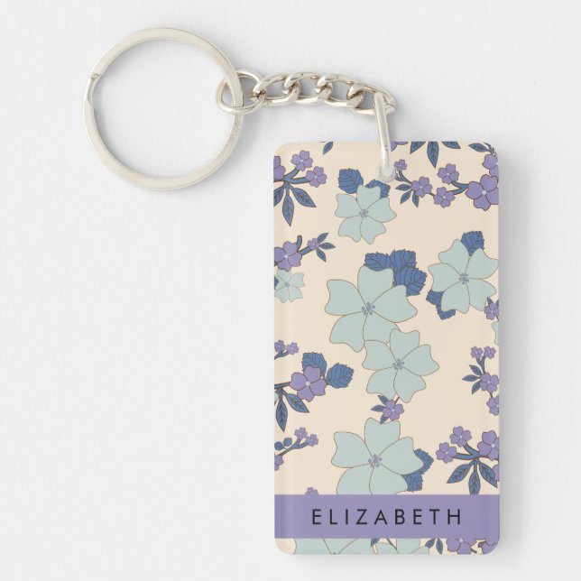 Porte-clefs Fleurs Bleues, Fleurs Violettes, Floral, Votre Nom (Devant)