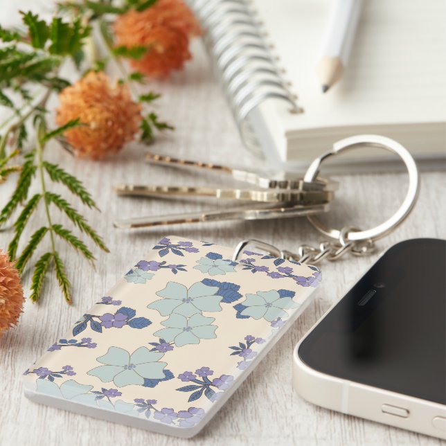 Porte-clefs Fleurs Bleues, Fleurs Violettes, Motif Floral (Devant droit)
