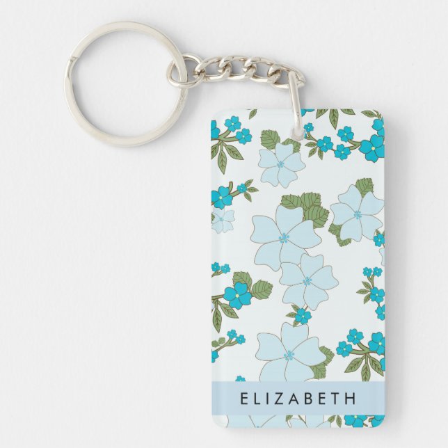 Porte-clefs Fleurs Bleues, Motif De Fleurs, Votre Nom (Devant)