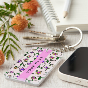 Porte-clefs Fleurs Colorées, Fond Rose, Rose