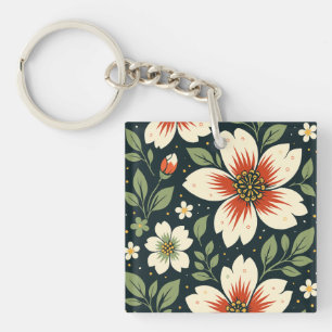 Porte-clefs Fleurs crème avec centres rouges et feuilles verte