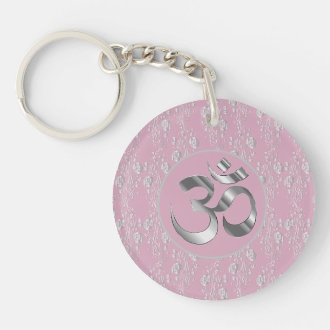 Porte-clefs Fleurs d'argent sur le symbole OM rose (Devant)
