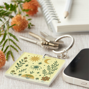 Porte-clefs Fleurs d'art populaire et nom personnalisé du troi