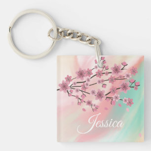 Porte-clefs Fleurs de cerisier botaniques tombant ombré art