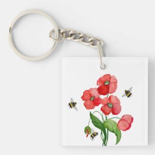 Porte-clefs Fleurs de coquelicot écarlate d'aquarelle et bourd