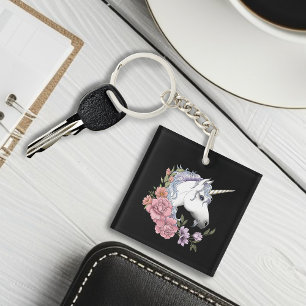 Porte-clefs Fleurs de licorne blanche enchantée rose noir