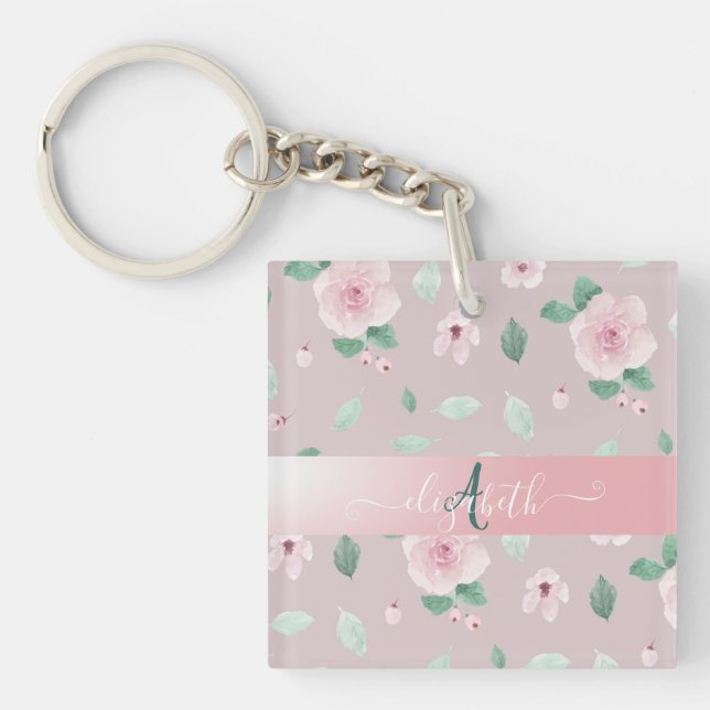 Porte-clefs Fleurs de monogramme à l'aquarelle chic  (Devant)