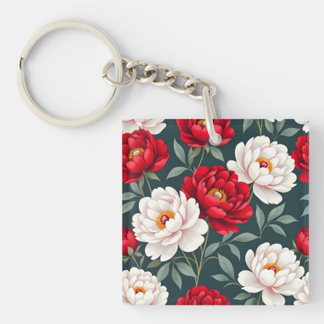 Porte-clefs Fleurs de pivoine rouges et blanches  (Devant)