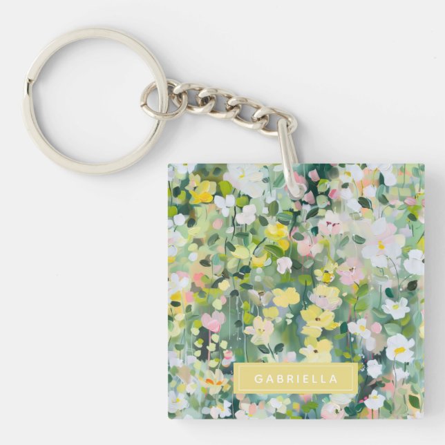 Porte-clefs Fleurs de prairie verte jaune Nom personnalisé (Devant)