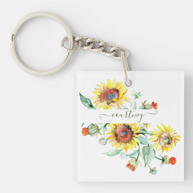 Porte-clefs Fleurs de soleil aquarelles personnalisées (Devant)