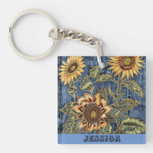 Porte-clefs Fleurs de soleil uniques sur Denim