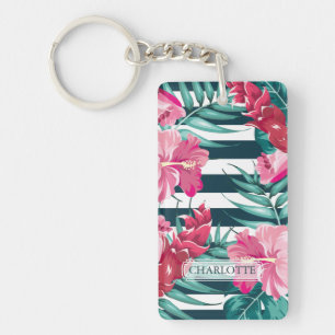 Porte-clefs Fleurs d'été exotiques Monogrammes rayés