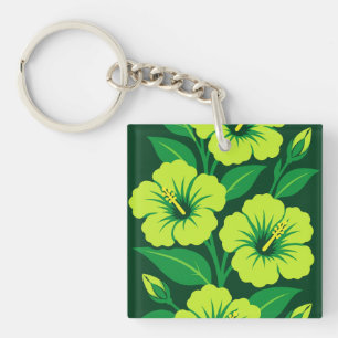 Porte-clefs Fleurs d'Hibiscus Vert Citron avec des Feuilles Ve