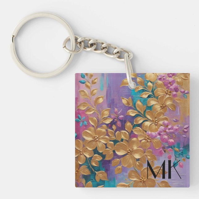 Porte-clefs Fleurs D'Or Peintes Sur Lilac Rose Turquoise (Devant)