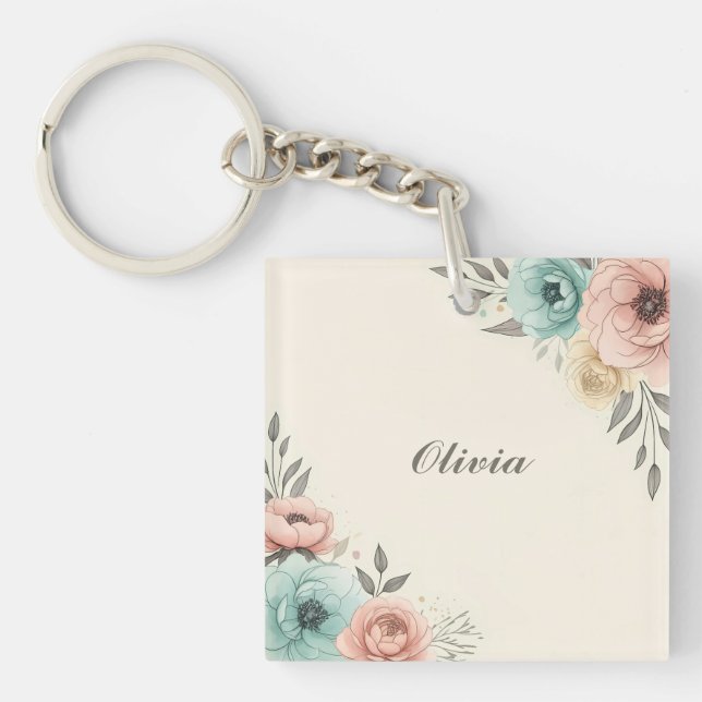 Porte-clefs Fleurs Esquissées Aquarelle Délicate  (Devant)