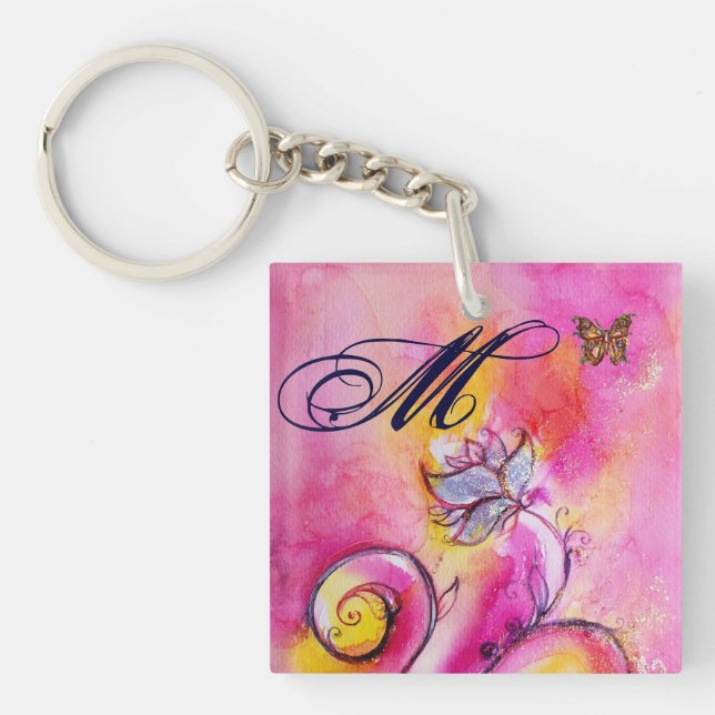Porte-clefs FLEURS ET BUTTERFLIS BLANCS bleu rose (Devant)