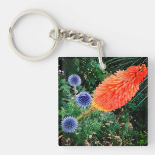 Porte-clefs Fleurs grises et oranges