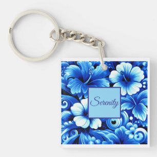 Porte-clefs Fleurs hawaïennes tropicales Hibiscus Cobalt Bleu