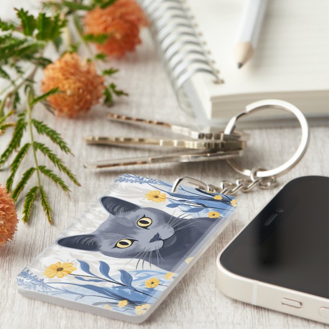 Porte-clefs Fleurs Jaunes Chat Bleu Russe (Devant droit)