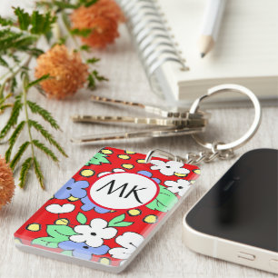 Porte-clefs Fleurs monogrammes rouges et blanches personnalisé