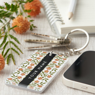 Porte-clefs Fleurs orange, Motif Floral, Boho, Votre Nom