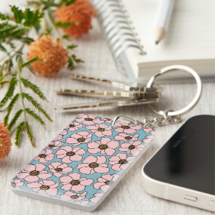Porte-clefs Fleurs rose Boho sur fond bleu