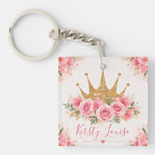 Porte-clefs Fleurs roses à l'aquarelle et diadème doré