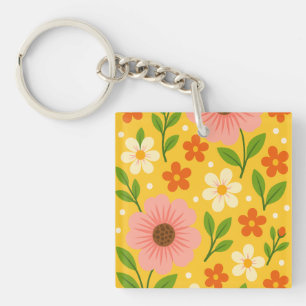 Porte-clefs Fleurs roses, crème et orange avec des feuilles ve