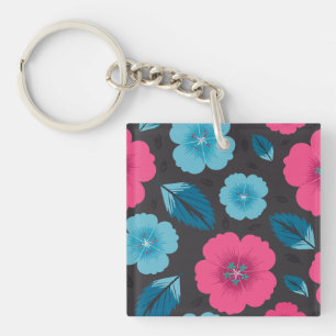 Porte-clefs Fleurs roses et bleues sur Arrière - plan foncé